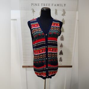 Vintage Lady Anne Knit Sweater Vest Fair Isle Nordic Button Front Navy Multi